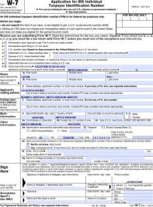 Example W-7 form, complete except for signature and date.